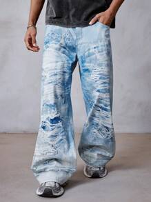 ROMWE MEN Street Life Men's Fashion Printed Straight-Leg Jeans - Blue - View 1