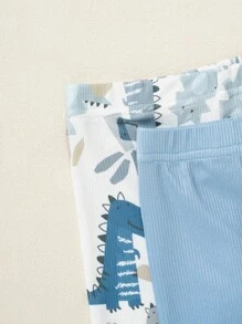 SHEIN 4 件套男婴可爱恐龙印花短袖上衣和短裤睡衣套装，舒适家居服 - 藍色 - 查看 3