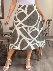 SHEIN LUNE Plus Size Women Geometric Pattern Casual A-Line Skirt Western Wear Women Boho Bohemian 90s Clothes Festival,Summer Outfits For Women, Old Money , Spring Break Outfits, Modesty Clothes Women Summer Boho Old Money Summer Outfits For Women Spring Break Rave Outfits Festival Spring Break Outfits