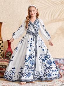 SHEIN Tween Girl Blue Floral Print Crossed V-Neck Tie Waist Flare Sleeve Elegant Midi Dress, Chinoiserie Floral Print, Countryside Vibe, Casual Vacation, Travel, Bohemian - Blue and White - View 6