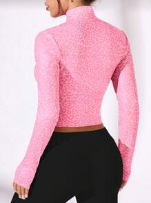 SHEIN Sovereign Charm Women's Leopard Print Zipper Front Long Sleeve Slim Fit Athletic Jacket - Pink - View 2