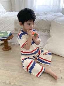 Dazy Kids 2 件套男童条纹圆领短袖上衣和裤子睡衣套装 - 米色 - 查看 2