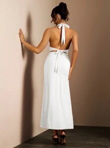Glamine Vestido ajustado con cuello halter, espalda descubierta y raja alta para atuendo de Año Nuevo para mujeres, largo tipo maxi