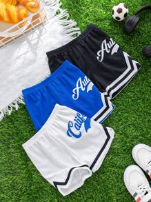 SHEIN 3 件装 男童休闲运动可爱字母印花撞色短裤，夏季 - 彩色 - 查看 4