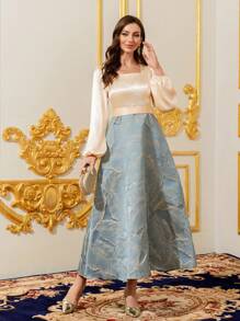 Modelyn Women's Floral Print Square Neck Lantern Sleeve Elegant Dress