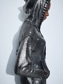 Maija Damen Schwarz & Silber Lässig Ganzjährig Vielseitige Frühling Pullover mit Kapuze und Kordelzug, Modischer Festivalpullover - Silber - Übersicht 3