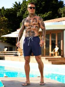 Manfinity Swimmode 男士纯色抽绳口袋沙滩短裤 - 藏蓝色 - 查看 6