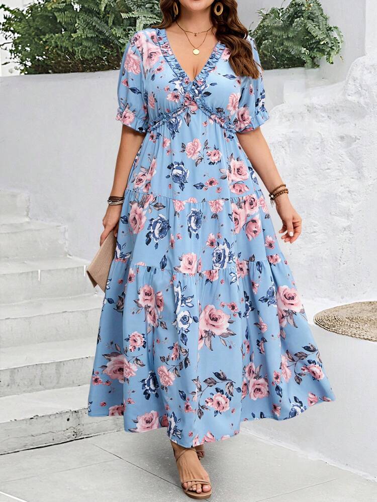 Plus Size Summer Casual Floral Print Blue Butterfly Short Sleeve Long Dress,V-Neck Boho Vacation Holiday Beach Sundress For Women,St Patrick Day