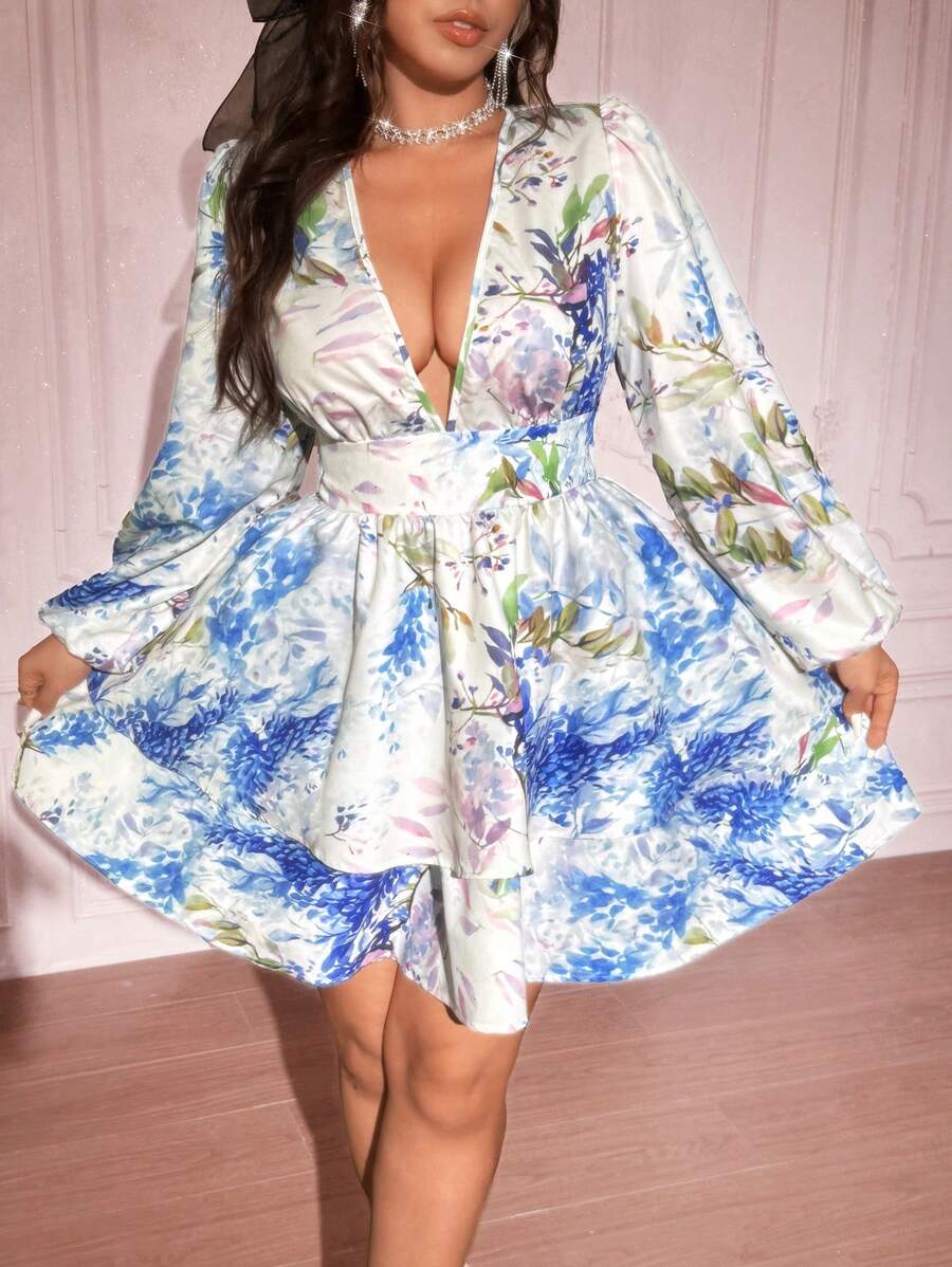 Celure Robe courte à manches longues imprimée de plantes, grande taille