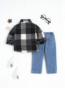 Infant Boys 2pcs/Set Casual Loose Plaid Shirt & Loose Ripped Tapered Jeans Pants, Simple Fashion Versatile Design For Daily Wear