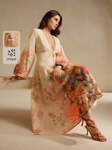Anewsta Vestido de manga larga con estampado floral, suave y romántico, apropiado para vacaciones a principios del otoño