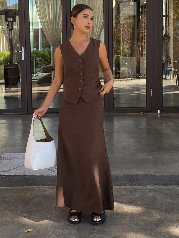 2 Pieces Set Women's Brown Fashionable Vest, Spring/Summer Linen