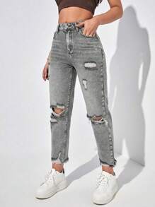 Jeanoix Quần jean denim nữ cỡ lớn, kiểu dáng thường ngày, có túi, cúc và gấu quần rách. - Xám - Xem 5