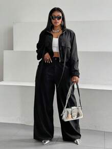 Maweii Set casual da 2 pezzi, composto da top con chiusura lampo e manica lunga di colore unito e pantaloni lunghi, per taglie comode