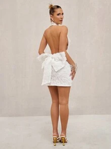 Lumalex Spring Summer Swimsuit Swimwear Swim Vacation Bohemian BOHO Sea Beach Hot Outdoor Richly Layered Wedding Season Banquet Coming Of Age Ceremony Beach Seaside  Festival Old Money Wedding Engagement Coming Of Age Ceremony Rose Flower Floral 3D Backless Tight Mini Dress With Bow For Women Wrap Dress Wedding Guest, Bridal, Bride, Mother Of The Bride, Wedding Party, Formal Occasion, Special Occasion Wedding Guest  Cocktail Attire Formal Matching Set His & Hers, Proposal Gift Of Love Celebration Sweetheart Be My Valentine - White - View 4