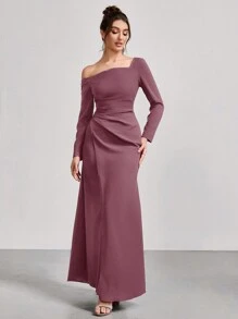 Coutiva 1 stuk dames asymmetrische hals lange mouwen gerimpelde lange feestjurk, mode banket feest oudejaarsavond festival socialite elegante jurk, bruiloft gast jurk, formele jurk, avondjurk