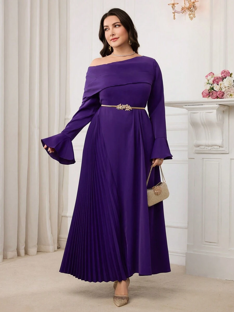 Modelyn Plus Size Elegant Party Solid Color Asymmetric Neck Trumpet Sleeve Pleated Long Dress - Purple - View 1