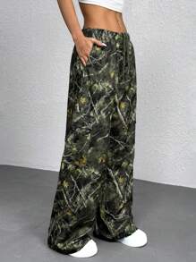 SHEIN EZwear 女士迷彩印花抽绳休闲运动裤 - 軍綠色 - 查看 4