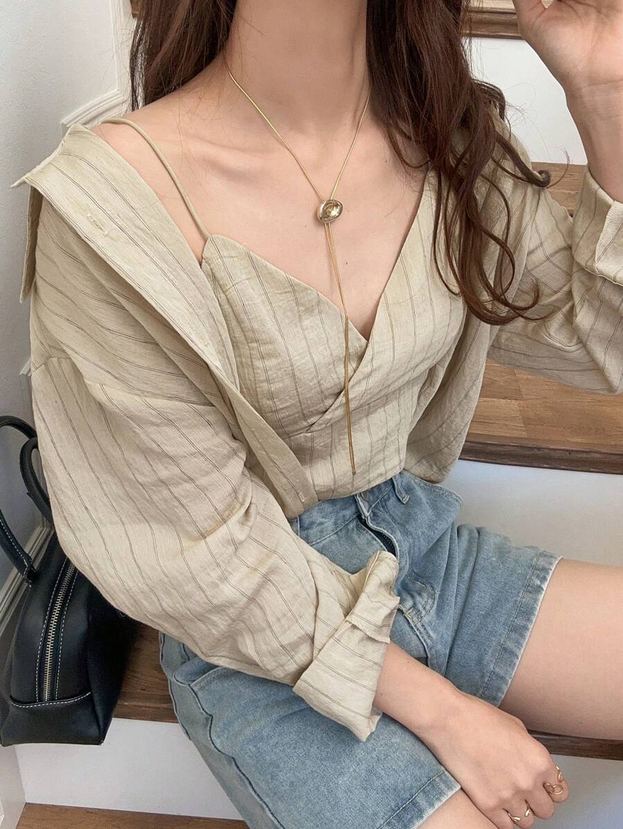 FRIFUL 女士休闲宽松条纹吊带背心和衬衫两件套亚麻家居服套装