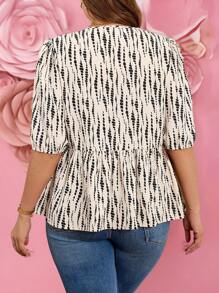 SHEIN LUNE Plus Size Casual Short Sleeve Allover Print Tie Front Shirt Holiday Thanksgiving Women New Years Women Vacation Valentine's Day Blouse, For Summer