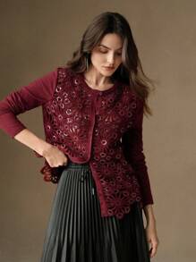 Anewsta Retro Knitted Patchwork Embroidered Floral Sequin Decoration Cardigan Sweater For Women, Fall Outfit For Christmas And New Year