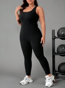 SHEIN CURVE+ Combinaison femme grande taille d'été à col carré de couleur unie - Noir - Voir 3