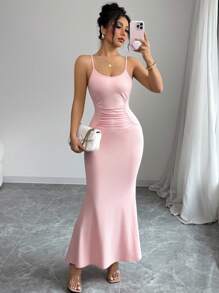 Elenzga Spaghetti Strap Square Neck Fitted Waist Elasticated Bodycon Fishtail Dress, Versatile - Pink - View 1