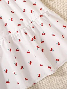 Tween Girl Cherry Print Long Dress, Summer - White - View 6