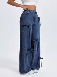 SHEIN ICON Jeans anchos sueltos casuales con decoración de lazo y bolsillos para mujer