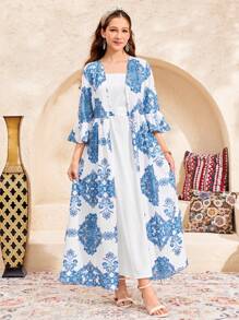 SHEIN Leap Crew Teen Girls' Blue & White Floral Print Kimono Style Ruffle Sleeve Long Cardigan, Long Dress, A-Line Maxi Dress, 2-Piece Set, Casual Holiday Vacation Outfit - Blue and White - View 3