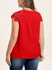 Chikora Plus Size Casual Simple Solid Color Lace Patchwork Blouse, Red Top For Summer