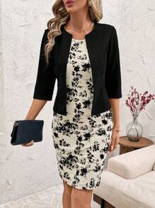 SHEIN Clasi 2pcs Women Solid Color 3/4 Sleeve Cardighan And Floral Print Dress Set Women's Round Neck Slim Elastic Two-Piece Knitted Jacket Short Skirt Plant Flocking Black Beige - Apricot - View 6