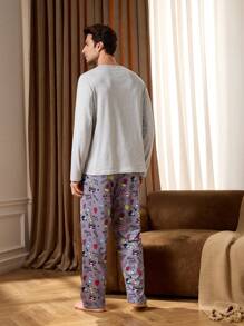 Men's Multi-Element Printed Long Sleeve Shirt & Long Pants Pajama Set - Dark Grey - View 2