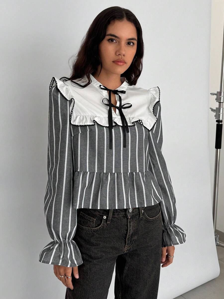 SHEIN Essnce 女士休闲冬季条纹拼接白色纯色荷叶边衬衫和领带系带前褶休闲长袖衬衫度假衬衫新年女装新年前夜,新年前夜 - 彩色 - 查看 1