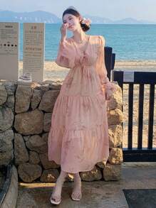DAZY 植物碎花图案收腰V领女士中长雪纺连衣裙复活节连衣裙 - 粉色 - 查看 7