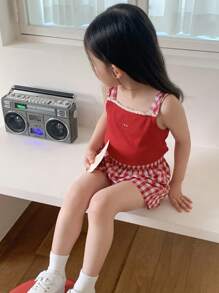 Dazy Kids 2pcs/Set Young Girl Plaid Strap Shorts,Girls Summer Outfits - Red - View 1