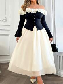 Auvina Elegantes Zweiteiler Set in Große Größen: Chiffon Bluse mit Kontrastfarbe, Off-Shoulder Schnitt, Taillierter Form und Weiten Ärmeln, kombiniert mit Rock - Verschiedenfarbig - Übersicht 1