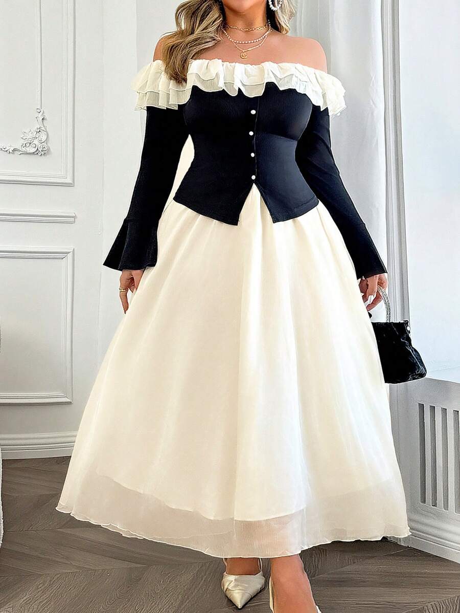Auvina Elegantes Zweiteiler Set in Große Größen: Chiffon Bluse mit Kontrastfarbe, Off-Shoulder Schnitt, Taillierter Form und Weiten Ärmeln, kombiniert mit Rock - Verschiedenfarbig - Übersicht 1