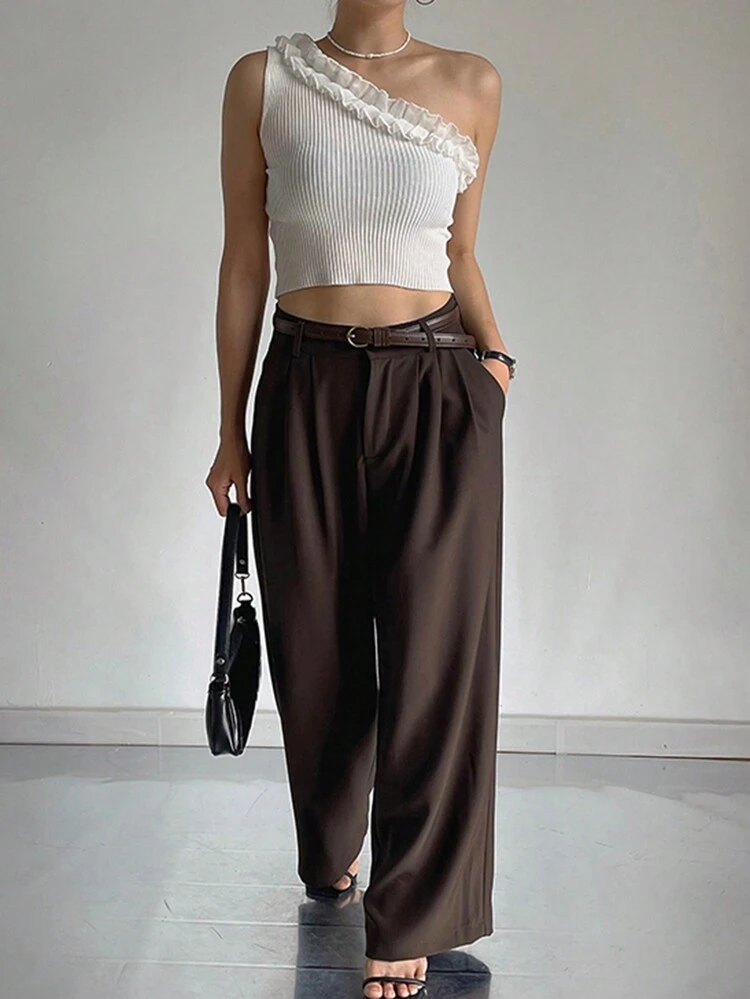 Women's Patchwork Frill Trim Asymmetric Shoulder Fitted Cropped Knit Top, White, Spring/Summer