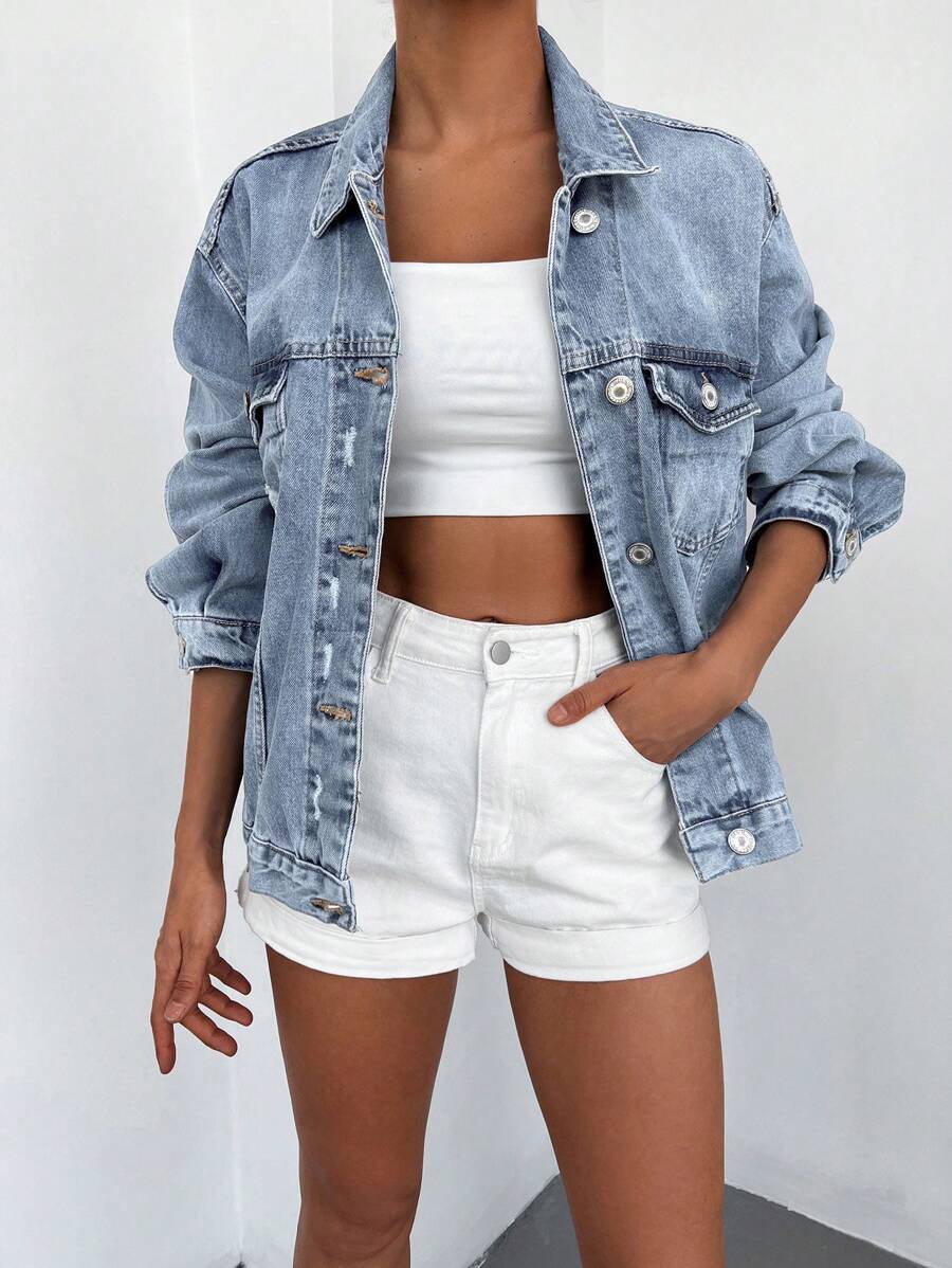 Cottnline 98%Cotton Flap Pocket Ripped Drop Shoulder Denim Jacket - Light Wash - View 1