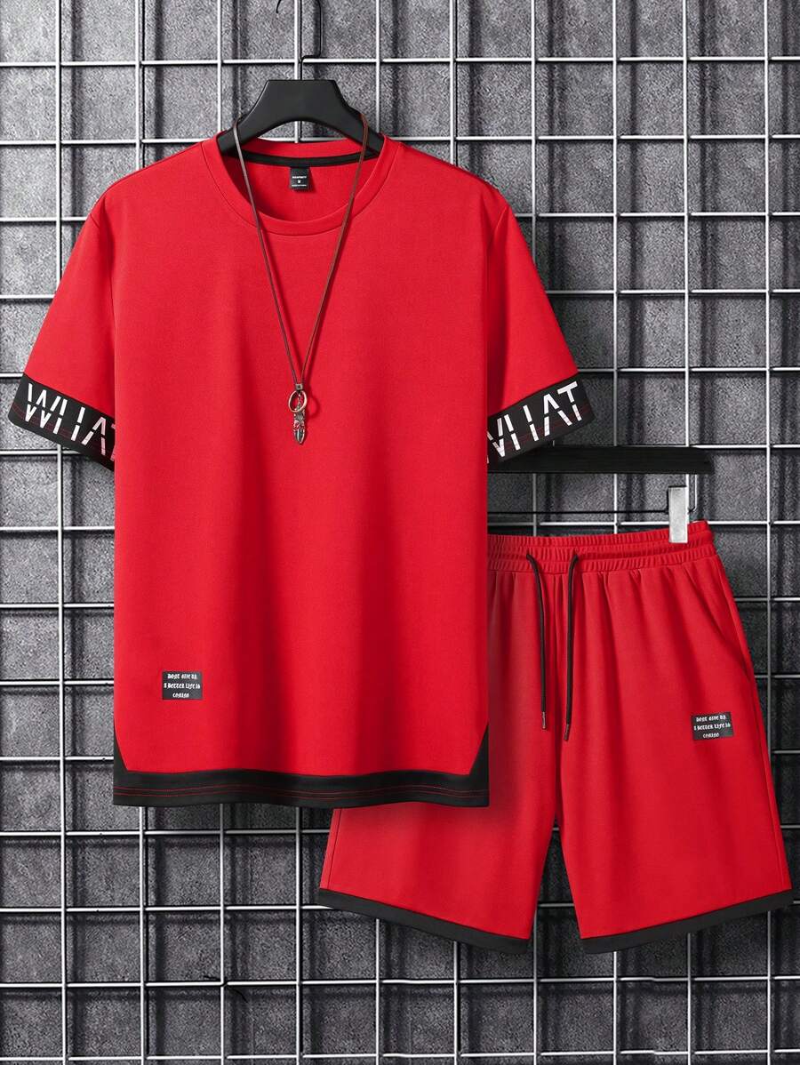 Manfinity Homme Set de 2 piezas para hombre: Camiseta de manga corta casual y pantalones cortos, estilo minimalista para uso diario - Rojo - Ver 1