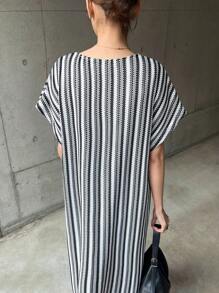 FRIFUL Dames gestreepte losse V-hals vleermuismouwen korte mouwen casual midi-jurk zomerjurk