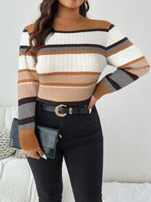 EMERY ROSE Plus Size Knitted Striped Sweater With High Collar For Fall Valentine's Day