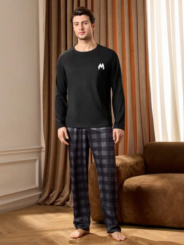 Manfinity Underwear&Sleepwear Basics Ensemble pyjama homme avec Top à manches longues imprimé lettres et pantalon à carreaux