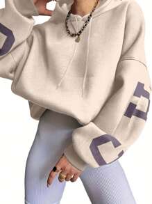 INAWLY Áo nỉ có mũ in chữ thường ngày dành cho nữ, Thu/Đông, Tốt nghiệp, Giáo viên, Trở lại trường - Màu be - Xem 2