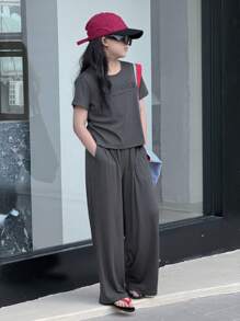 Dazy Kids 2 件套青少年女童标语印花短袖上衣和长裤套装，女童夏季服装，返校服装 - 灰色 - 查看 5