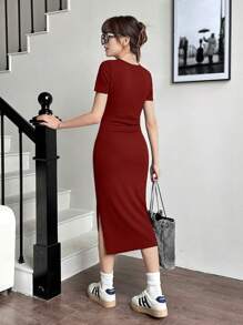 SHEIN Teen Girls' Ribbed Waist Ruched Split Casual Knit Dress, Valentine's Day - Burgundy - View 2