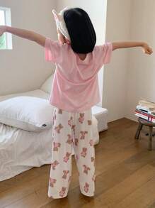 Dazy Kids 小女孩小熊印花短袖长裤家居服套装，女孩夏季复活节服装 - 粉色 - 查看 6