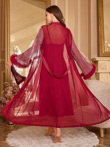 2pcs Floral Lace Trim Butterfly Embroidery Mesh Robe And Solid Color Slim Fit Camisole Nightgown Set - Burgundy - View 2