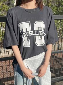 FRIFUL Women Loose Fit Round Neck Large Letter Print T-Shirt Oversized T-Shirt - Grey - View 6